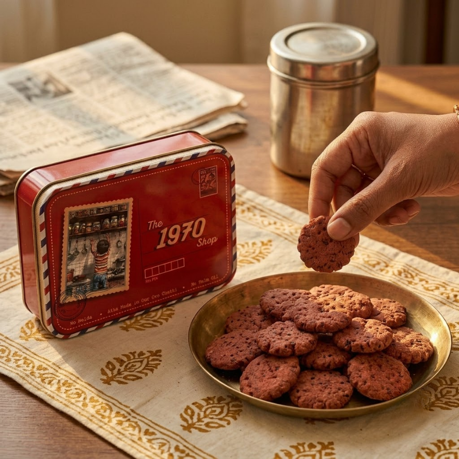 A hand picking up a Beetroot Mathri from a brass plate, beside The 1970 Shop tin