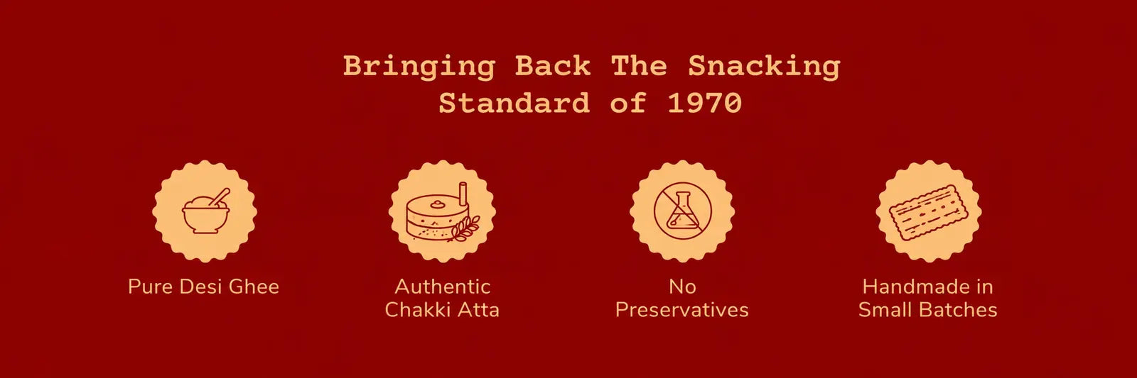 Bringing back the snacking standard of 1970 — pure desi ghee, authentic chakki atta, no preservatives, handmade in small batches
